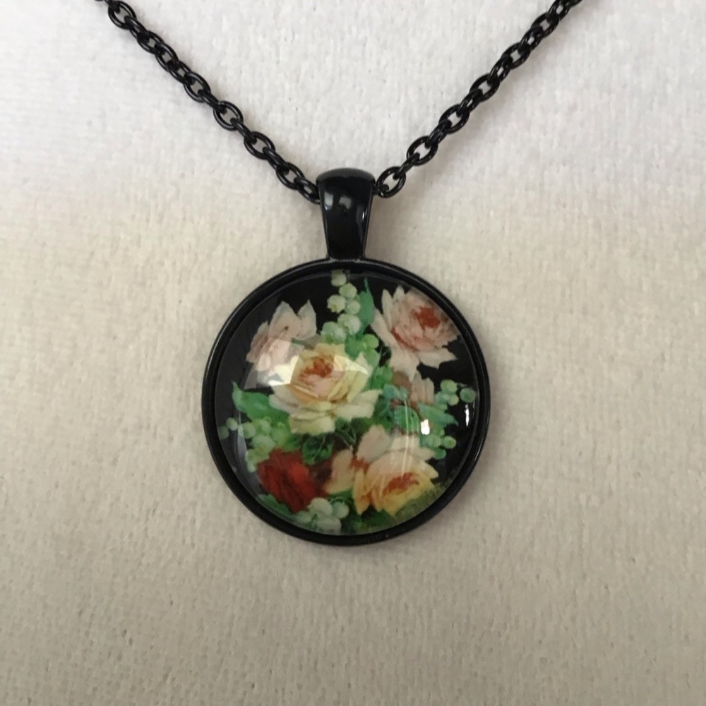 Black Floral Cabochon Pendant Necklace Romantic Cottagecore 18” Rose Slider NEW